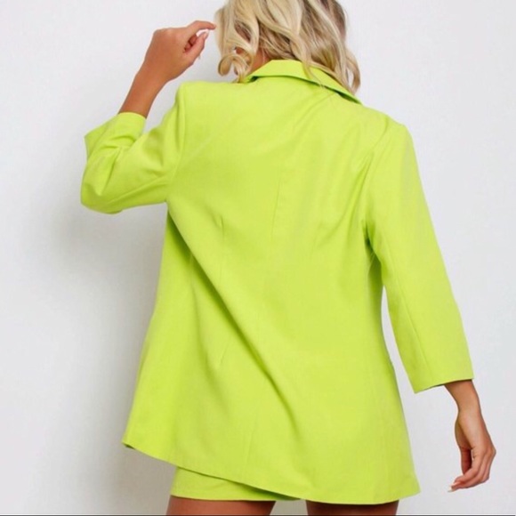 Neon Green Two Piece Blazer and Shorts Suit - Picture 3 of 6